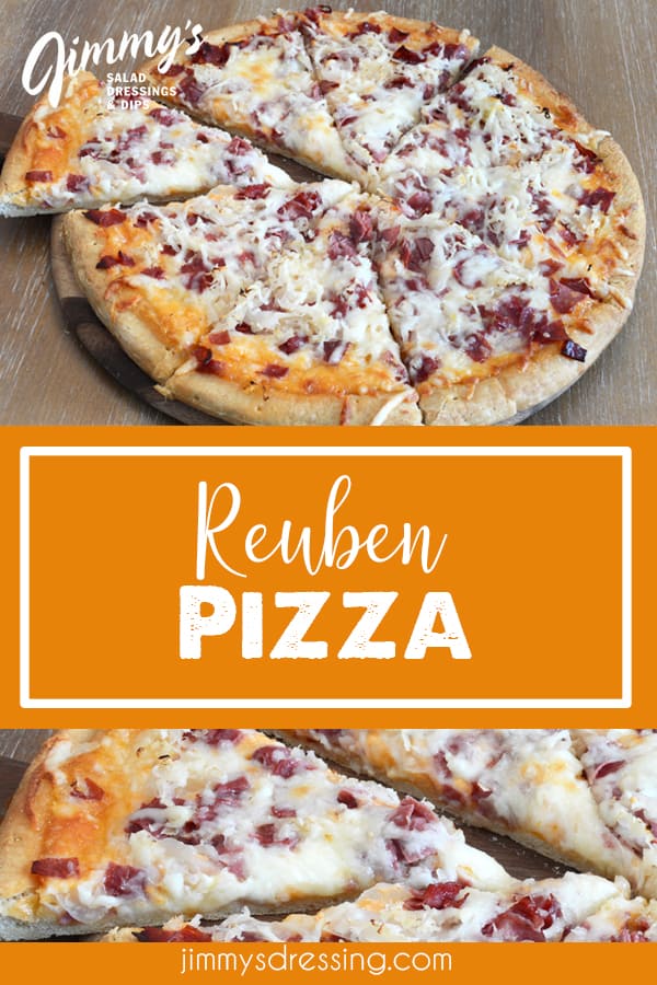 Reuben Pizza Recipe Made With Jimmy'S Thousand Island Dressing, Corned Beef, Sauerkraut, And Swiss Cheese.